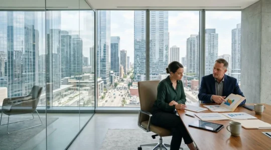 Strategic workplace pension planning session with financial documents and calculator in professional office setting