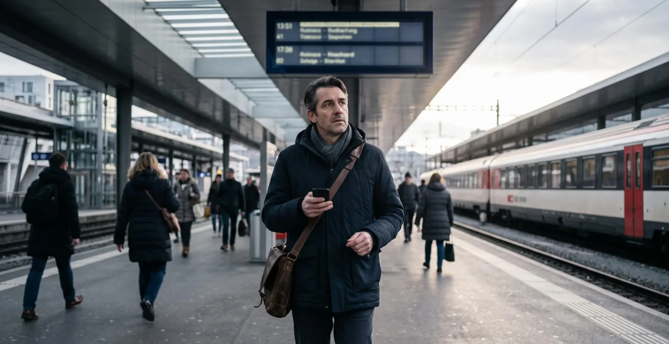 A cross-border commuter checking a smartphone on an early-morning platform at a Swiss railway station.