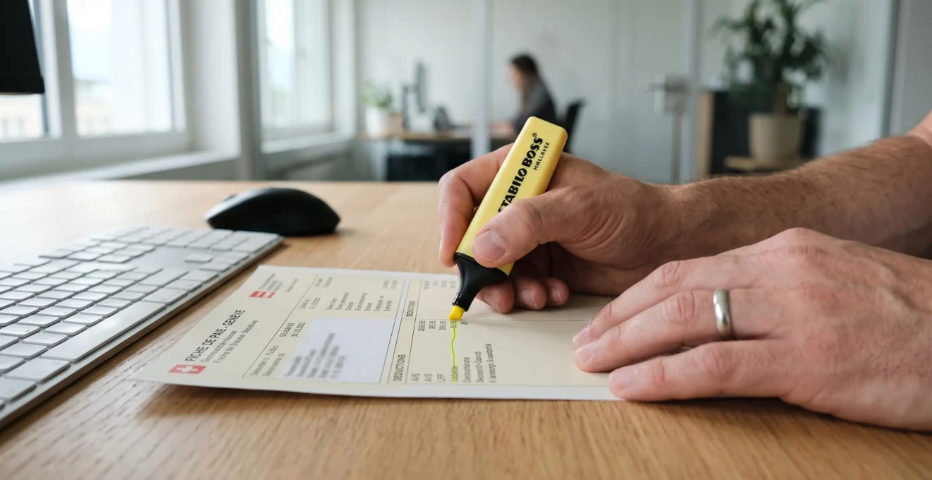 A payroll officer highlighting deduction lines on a printed payslip at a desk in a Swiss office.