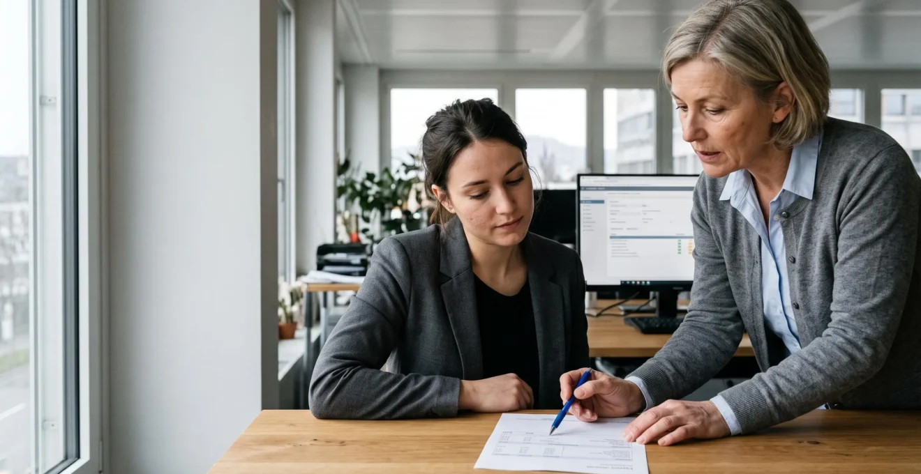 A payroll specialist pointing at a payslip line while explaining it to a seated colleague in a bright office.